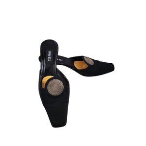 1990s Vintage Van Eli Black Fabric/Leather Mules Italian Vero Cuoio Heels 10 M